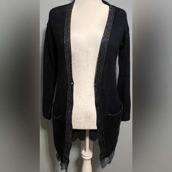 Lauren Conrad Blue Longline Cardigan Sweater Lace Trim Metallic Preppy Office XS - Picture 2 of 12